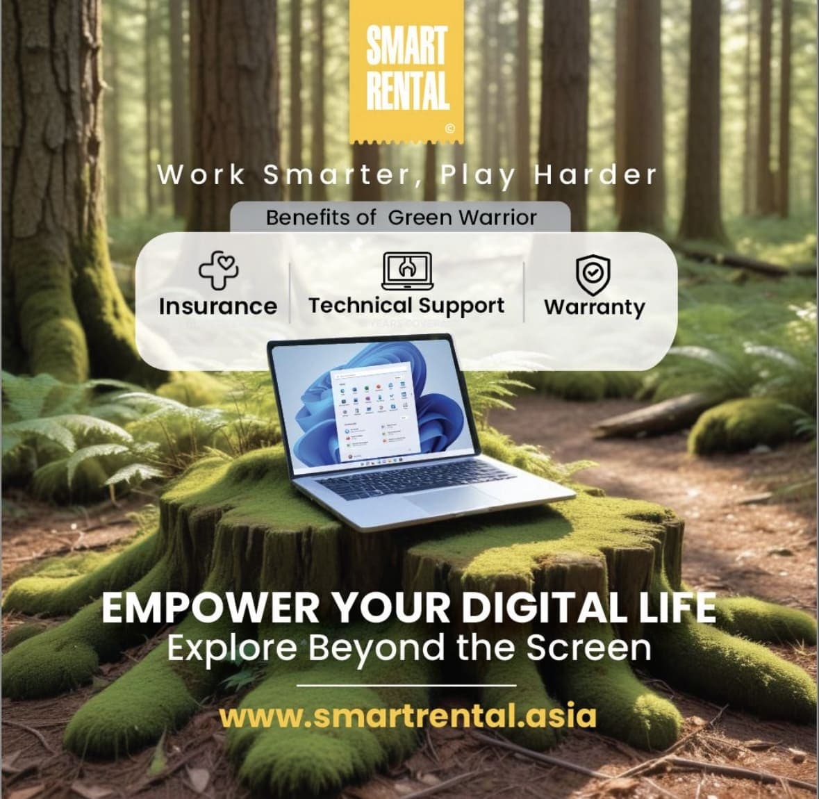 A computer next to some trees or plants.